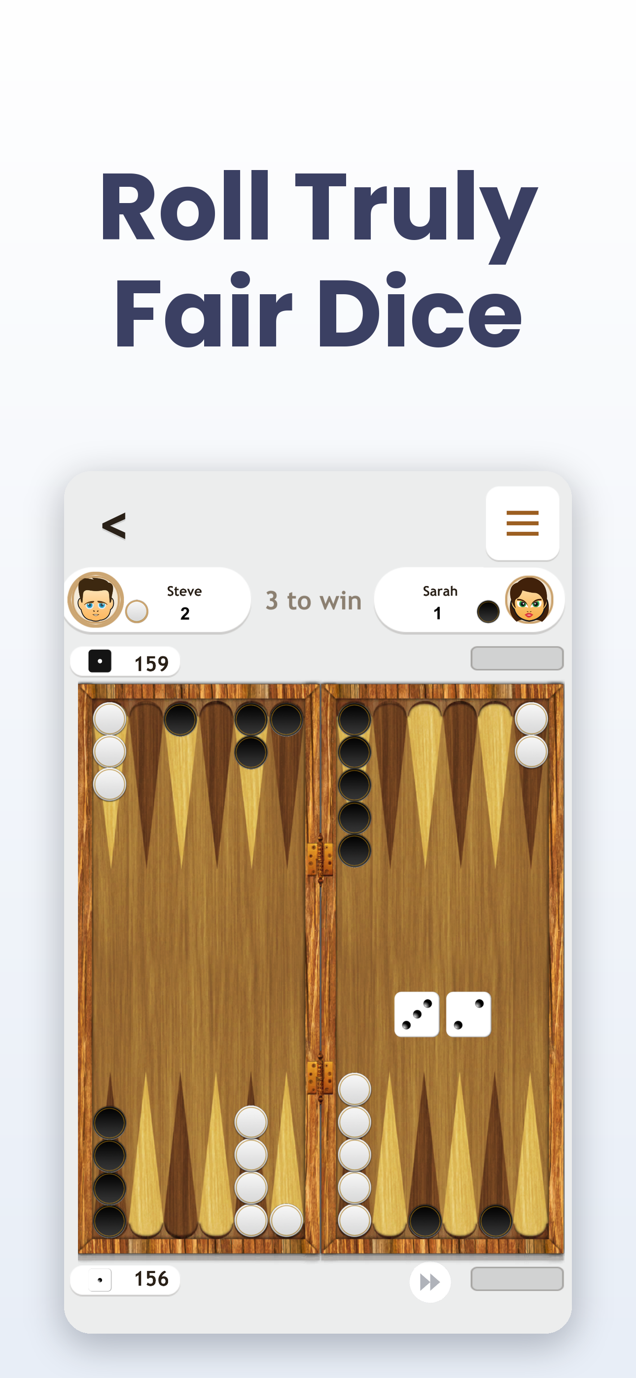 Backgammon Game Classic — Roll Truly Fair Dice, showing a live match between two players with the dice roll and pip count on screen