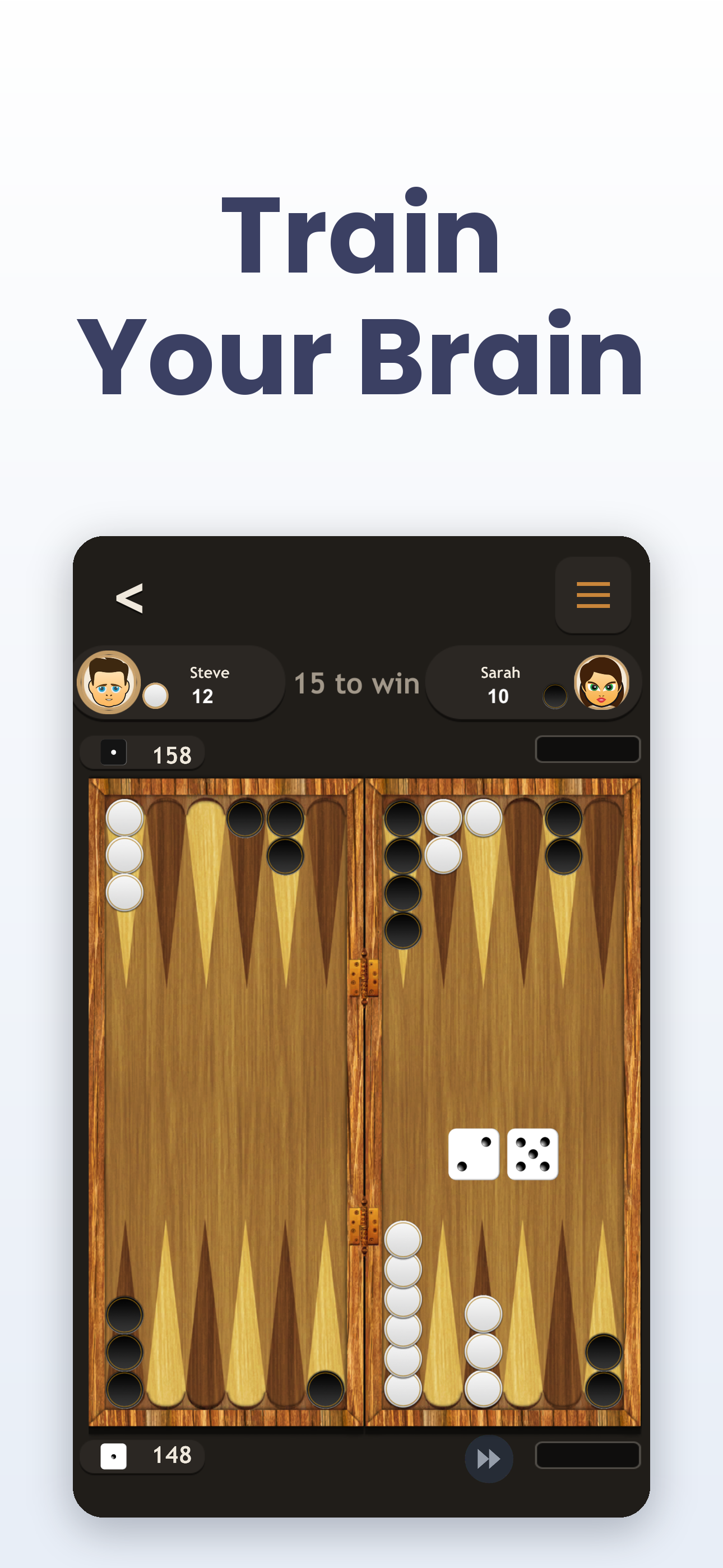 Backgammon Game Classic — Train Your Brain, dark-mode match view with dice and pip count